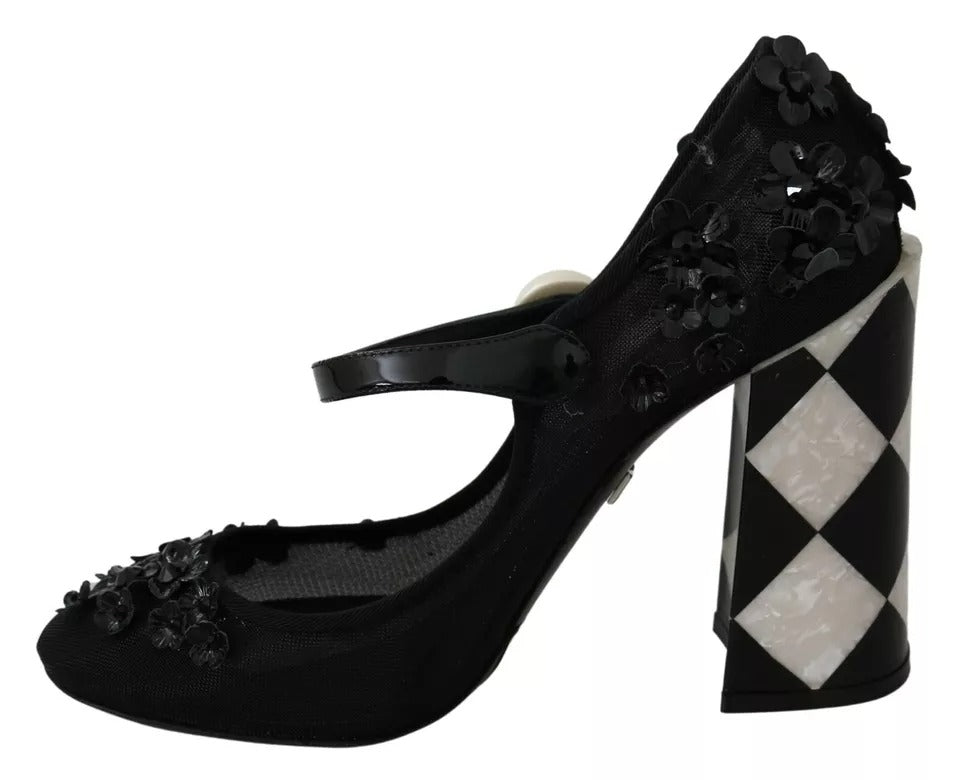 Dolce & Gabbana Black Floral Embellish Heels Mary Janes Pumps Shoes