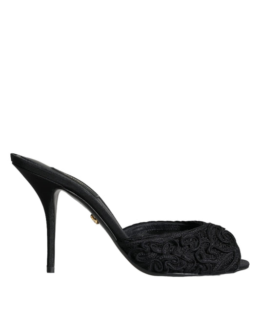 Dolce & Gabbana Black Keira Cordonetto Heels Slides Shoes