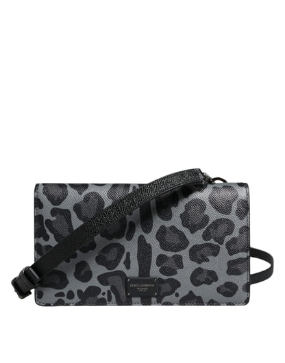 Dolce & Gabbana Black Gray Leopard Leather Bifold Card Slot Crossbody Bag