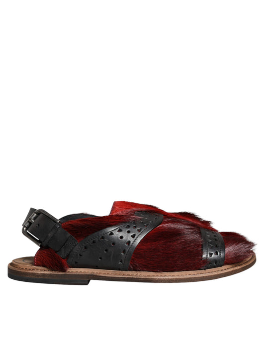 Dolce & Gabbana Black Red Gazelle Hair Leather Sandals Shoes