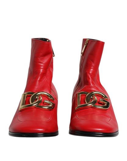 Dolce & Gabbana Red Leather Logo Chelsea Ankle Boots Shoes