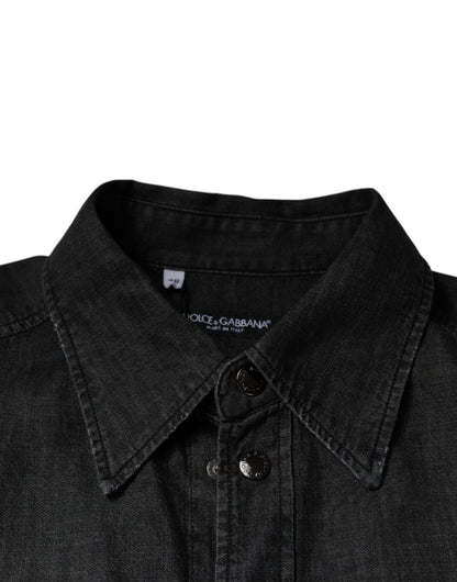 Dolce & Gabbana Black Logo Cotton Button Down Denim Shirt