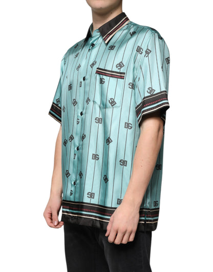 Dolce & Gabbana Green Striped Logo Short Sleeve Casual Shirt