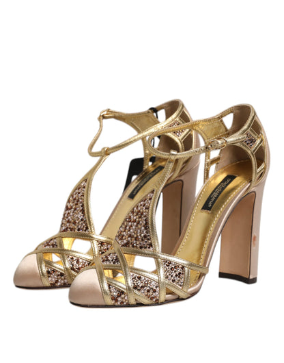 Dolce & Gabbana Beige Crystal Embellished Satin Leather Pumps Shoes