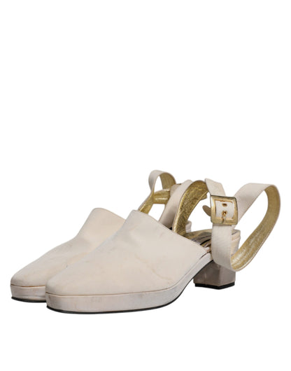 Dolce & Gabbana Off White Block Heels Slingback Sandals Shoes