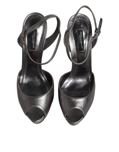 Dolce & Gabbana Silver Leather Platform Heels Sandals Shoes