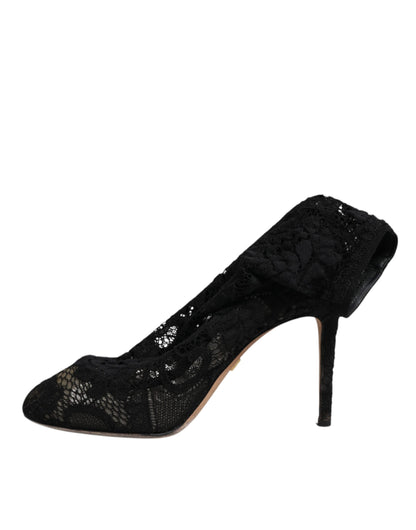 Dolce & Gabbana Black Lace Stretch Heels Mid Calf Boots Shoes