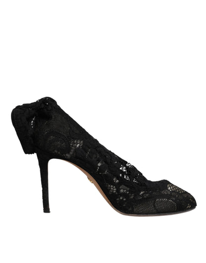 Dolce & Gabbana Black Lace Stretch Heels Mid Calf Boots Shoes