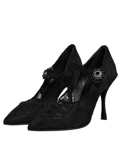 Dolce & Gabbana Black Lace Crystals Mary Jane Pumps Shoes