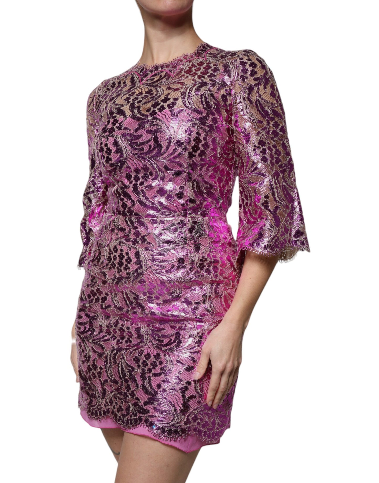 Dolce & Gabbana Metallic Fuchsia Floral Sheath Mini Dress