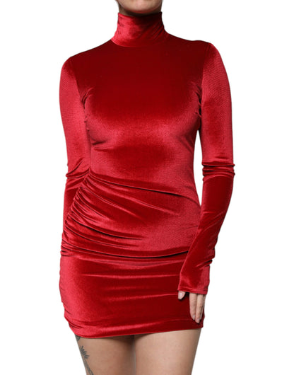 Dolce & Gabbana Red Velvet Long Sleeves Bodycon Mini Dress