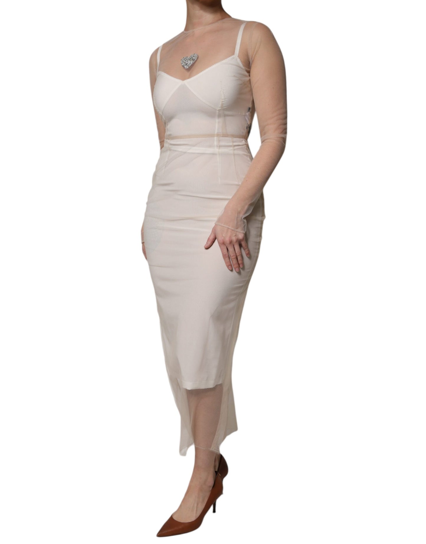 Dolce & Gabbana White Sheer Tulle Bustier Bodycon Midi Dress